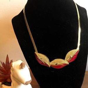 Trifari Gold with Red Enamel Leaf Necklace, Vintage 1960's bib style